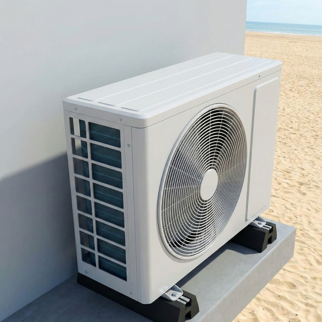 air conditioning unit on a platform overlooking a sandy beach