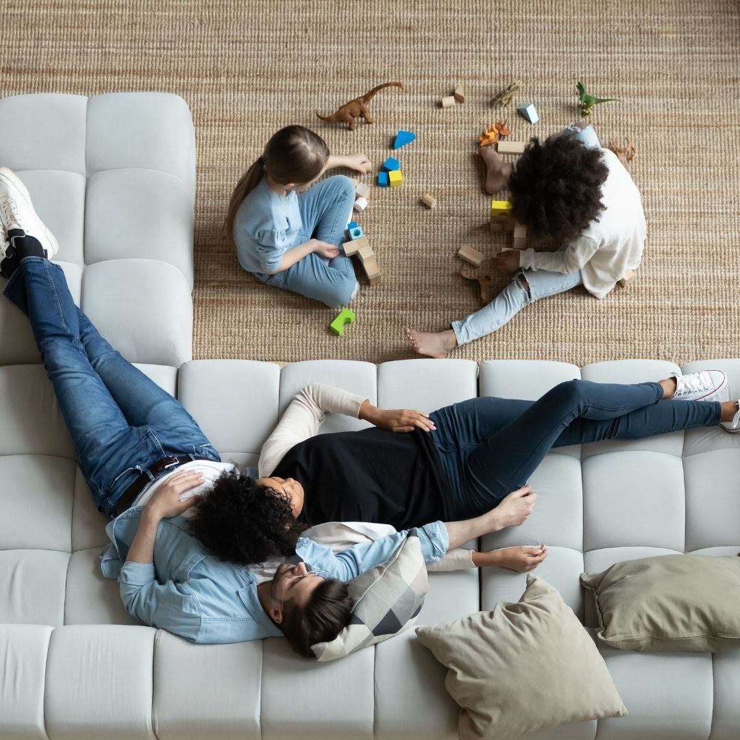 family relaxing in room