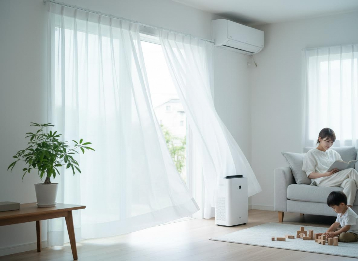 A mother reads on a sofa while her child plays with wooden blocks on the floor. White sheer curtains billow from an open window. Family relaxing in a modern, breezy living room
