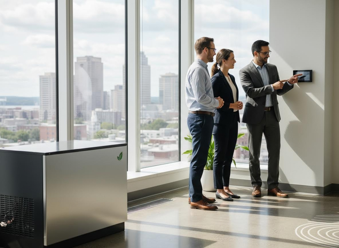 Professionals interacting with digital display and eco-friendly appliance