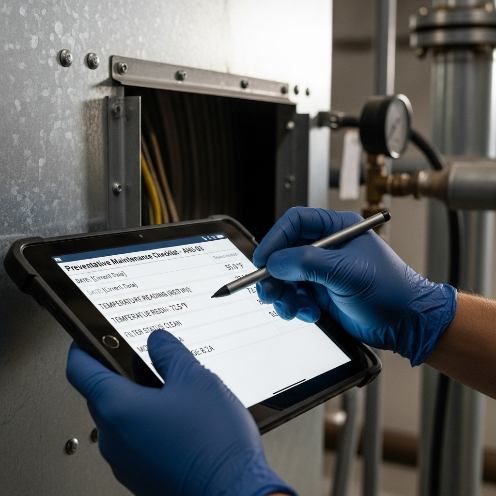 A close-up of a commercial technician's hand logging data into a tablet during a preventative maintenance check on a large air handler.