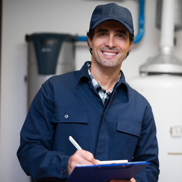 smiling HVAC technician writing on a clipboard