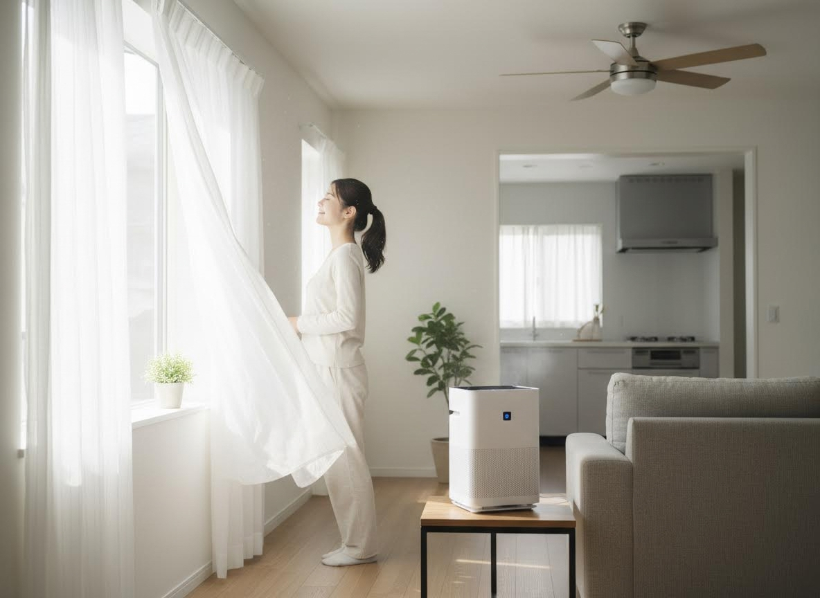 A woman in white loungewear stands by a sunlit window with flowing sheer curtains, enjoying fresh air. A white air purifier is nearby. Woman enjoying fresh air and clean indoor environment