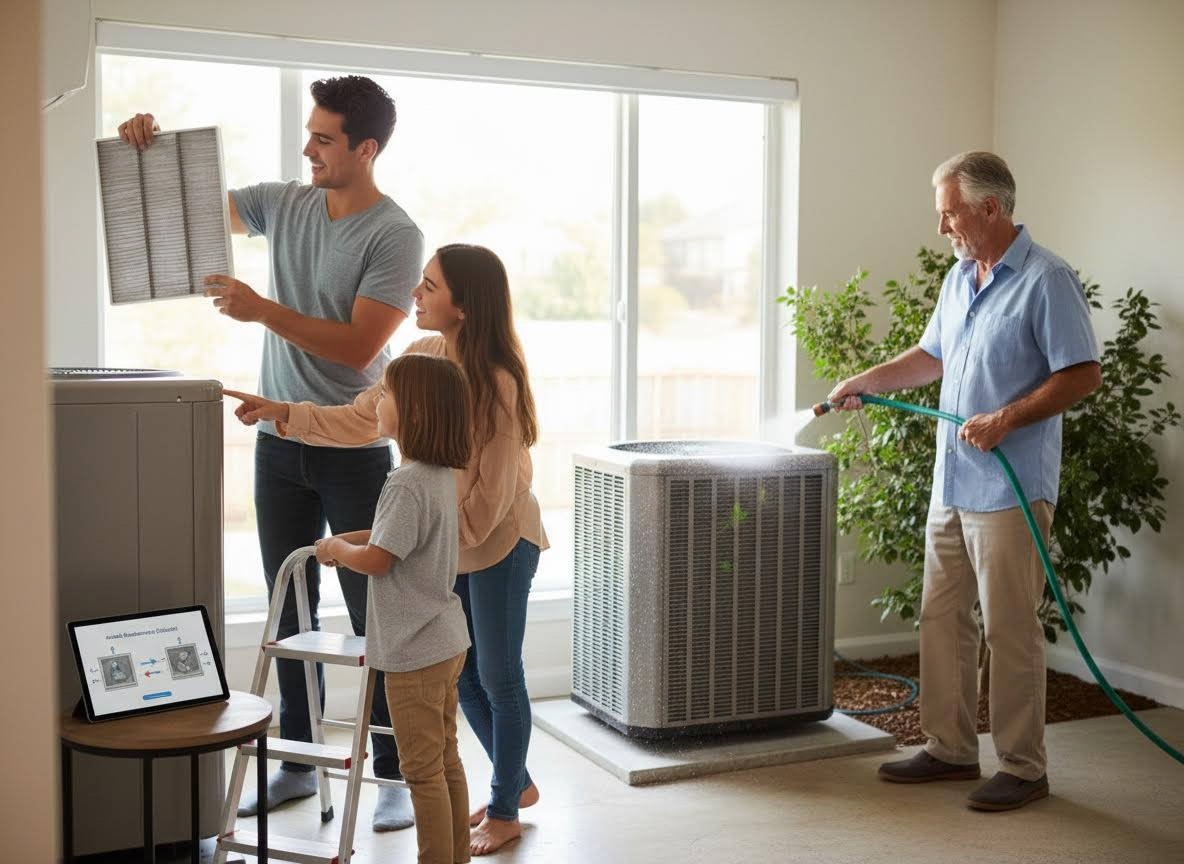 Family performs home HVAC maintenance