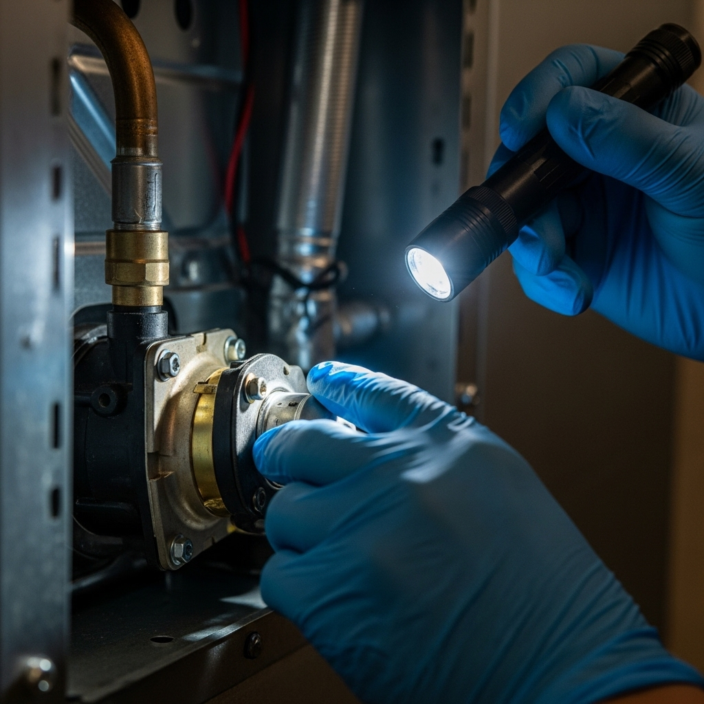 A close-up view of an HVAC technician's hands using a flashlight to visually inspect the internal components of a gas furnace.