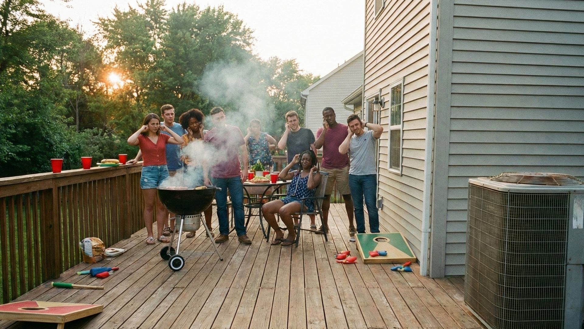 a backyard barbecue with people looking annoyed at a large, loud air conditioning unit near the patio