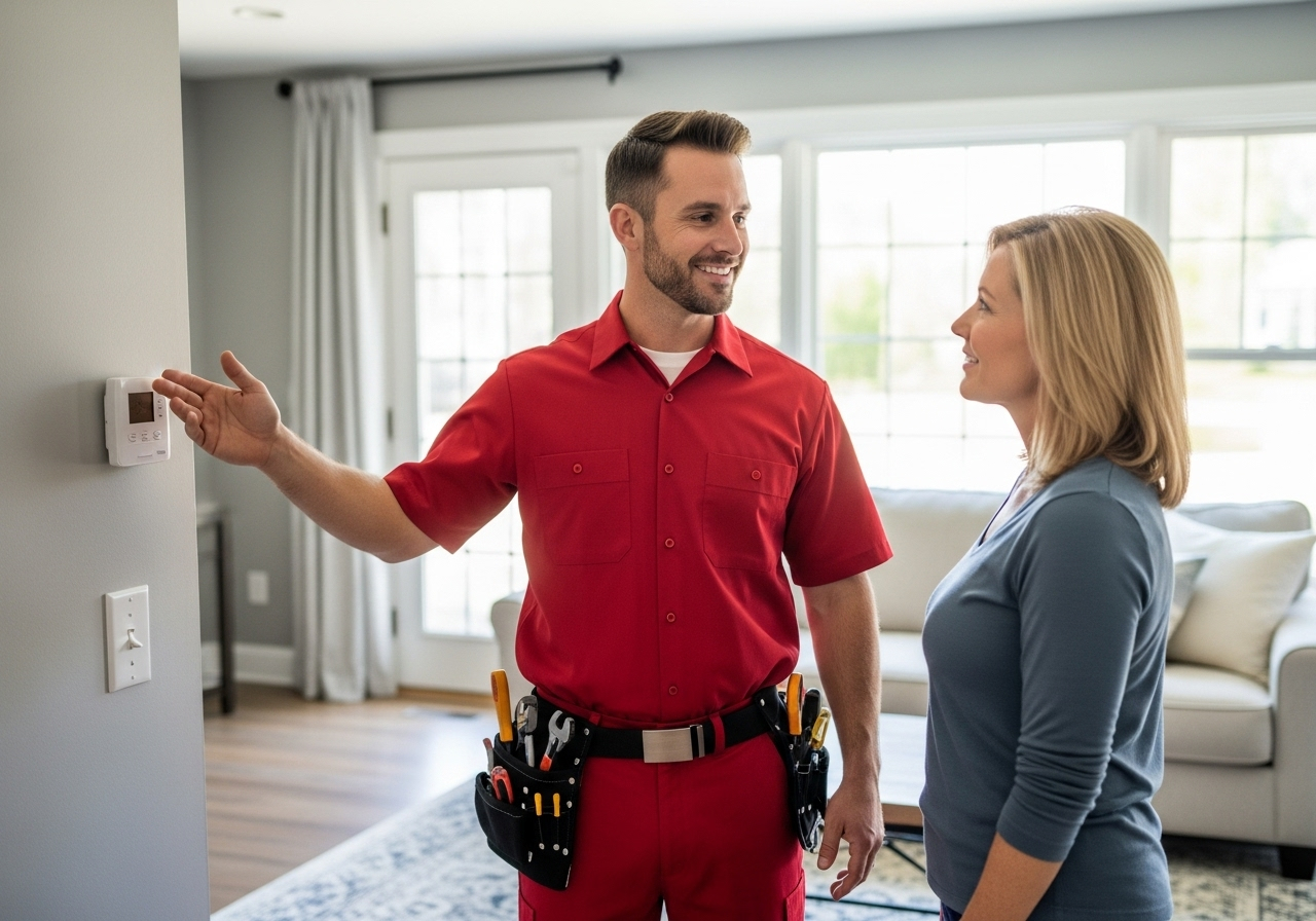 A professional Atlantis Comfort Systems technician explains inspection findings to a homeowner next to an outdoor air conditioning unit.