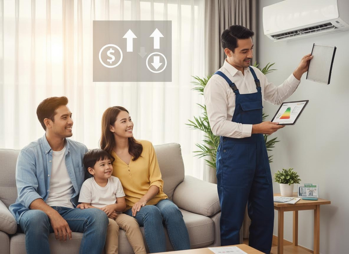A technician shows a dirty AC filter and energy savings on a tablet to a family sitting on a couch, promoting efficient cooling. AC Technician Explains Energy Efficiency and Cost Savings to Family