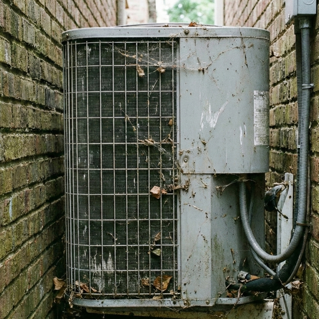 air conditioning unit installed in a very tight, cramped corner