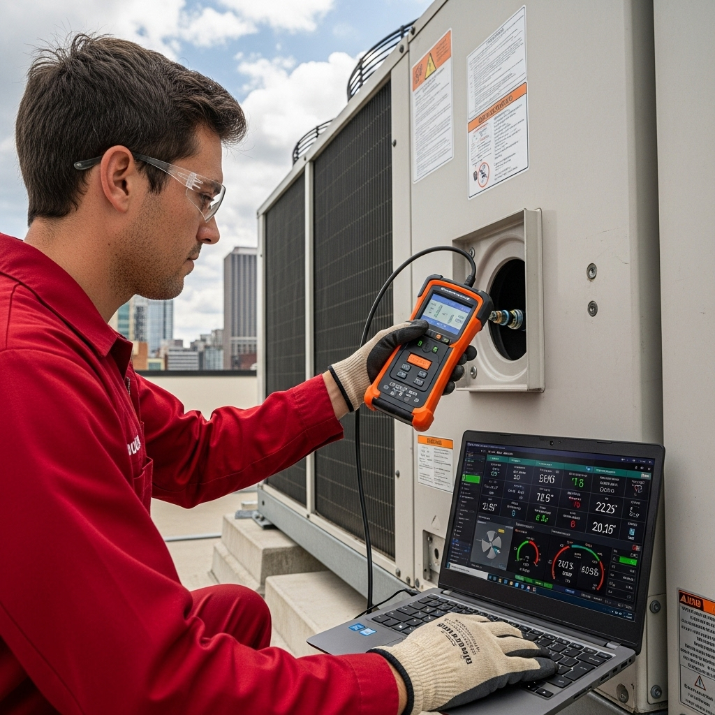 A technician conducts a system performance and energy audit using specialized equipment connected to the commercial unit.