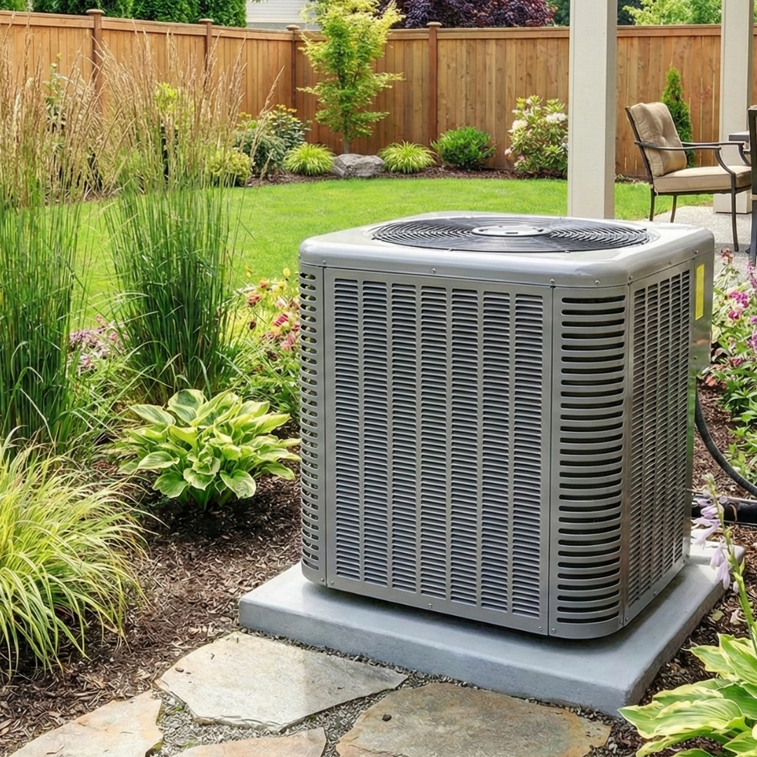 residential air conditioning condenser unit installed in a clean, landscaped backyard