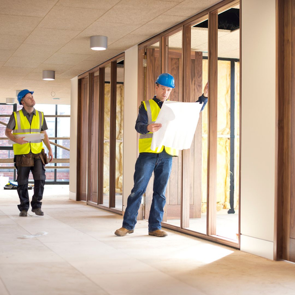 workers assessing fit-out during construction phase