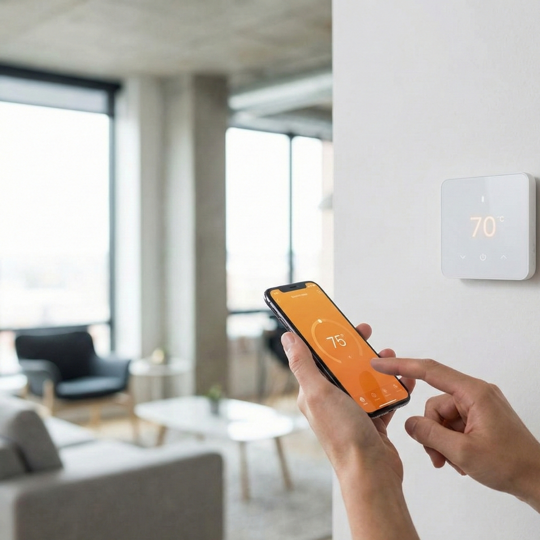 A person using a smartphone app to control a smart thermostat