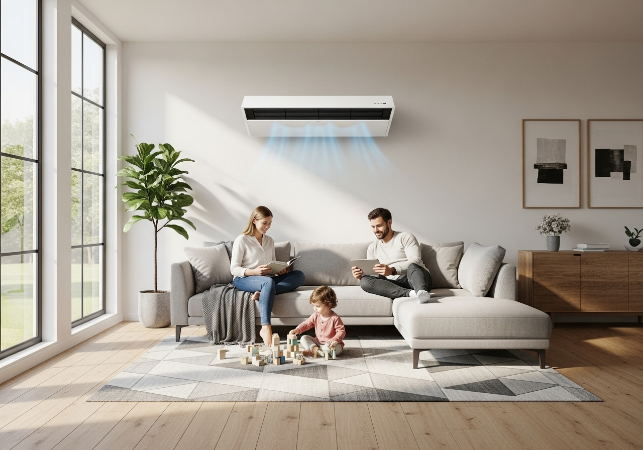 A family relaxes on a couch in a modern living room featuring a wall-mounted indoor ductless HVAC unit.
