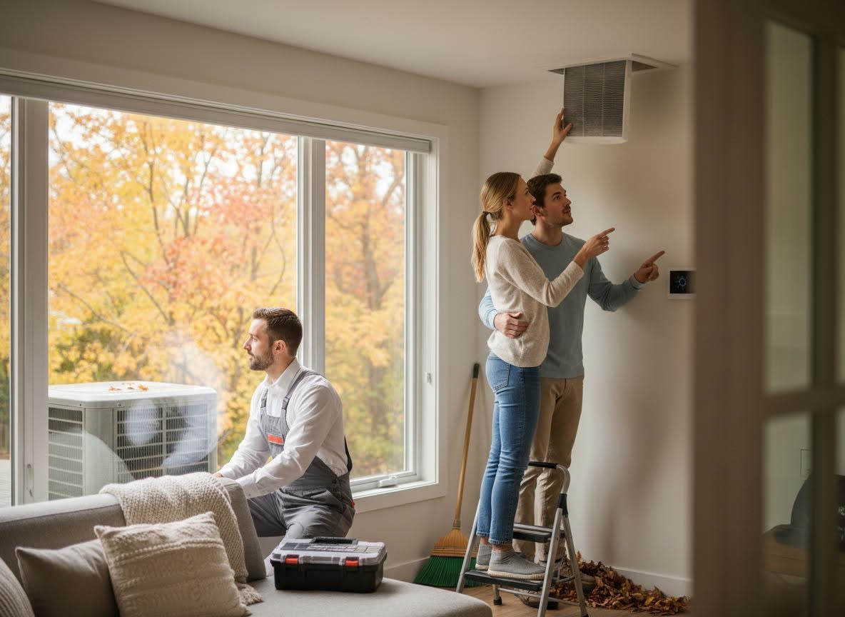 Homeowners with HVAC Technician Inspecting Air Filter and Thermostat in Autumn