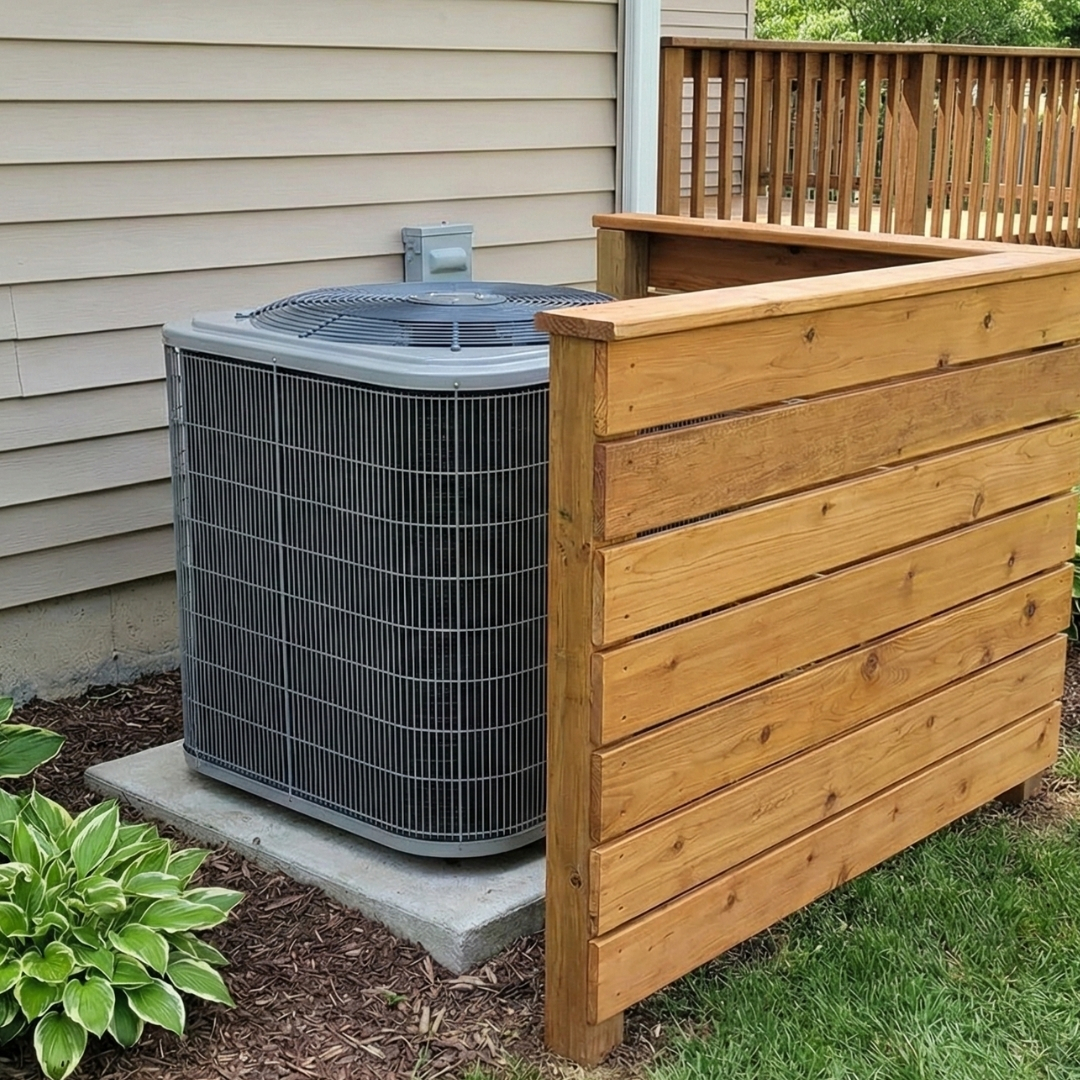 air conditioning condenser unit with a small, freestanding wooden privacy fence placed in front of it