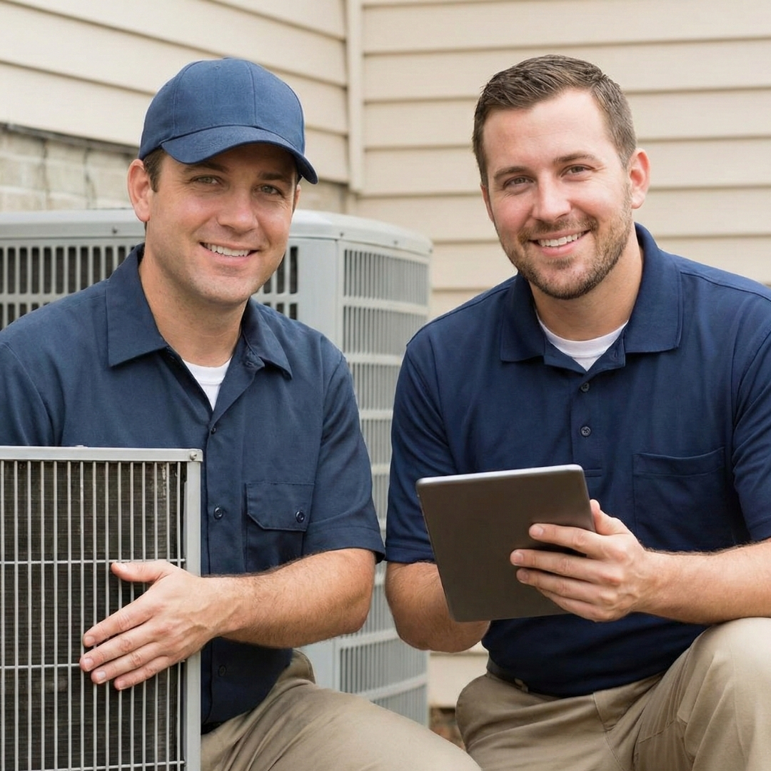 HVAC technician inspecting an outdoor unit with a tablet in hand