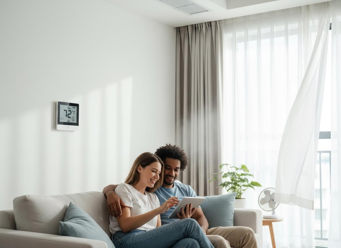 Couple enjoying smart home comfort with tablet and thermostat