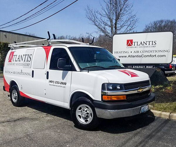 Atlantis Comfort Systems service vehicle representing professional residential, commercial, and multi-family HVAC installation, maintenance, repair, heat pump, and air conditioning services throughout Rhode Island and Southern Massachusetts. HVAC Service Fleet Rhode Island