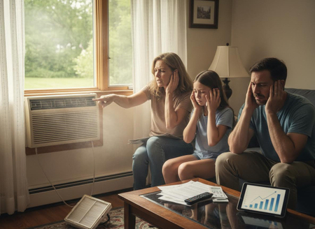 Family looking distressed at a smoking window air conditioner with an air filter on the floor and financial documents on a table