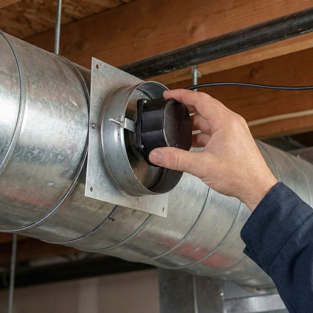 hand adjusting a motorized HVAC zone damper on a metal duct
