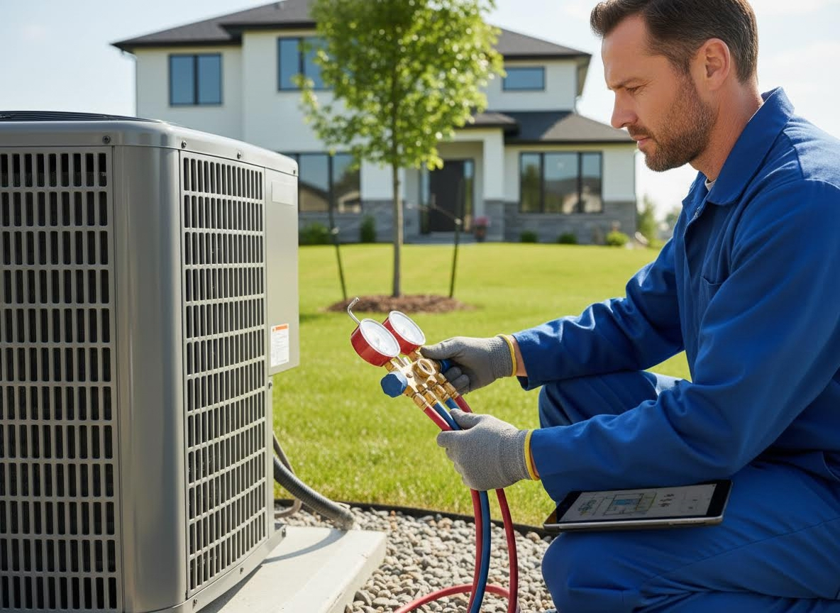 HVAC Technician Servicing Outdoor Air Conditioning Unit