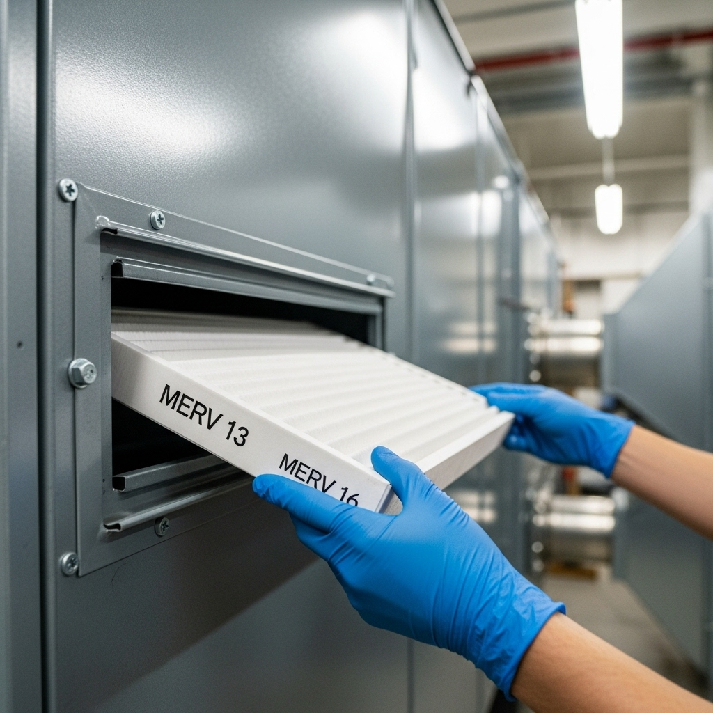 A pair of gloved hands is carefully installing a clean, high-efficiency air filter into a commercial-grade air handling unit.