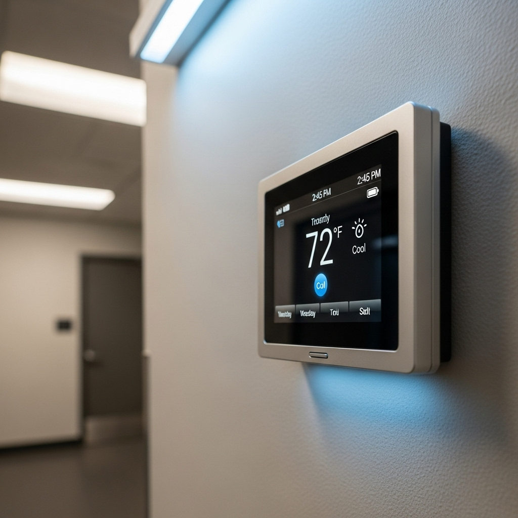 A close-up of a modern, smart programmable thermostat mounted on a wall in a brightly lit commercial hallway.