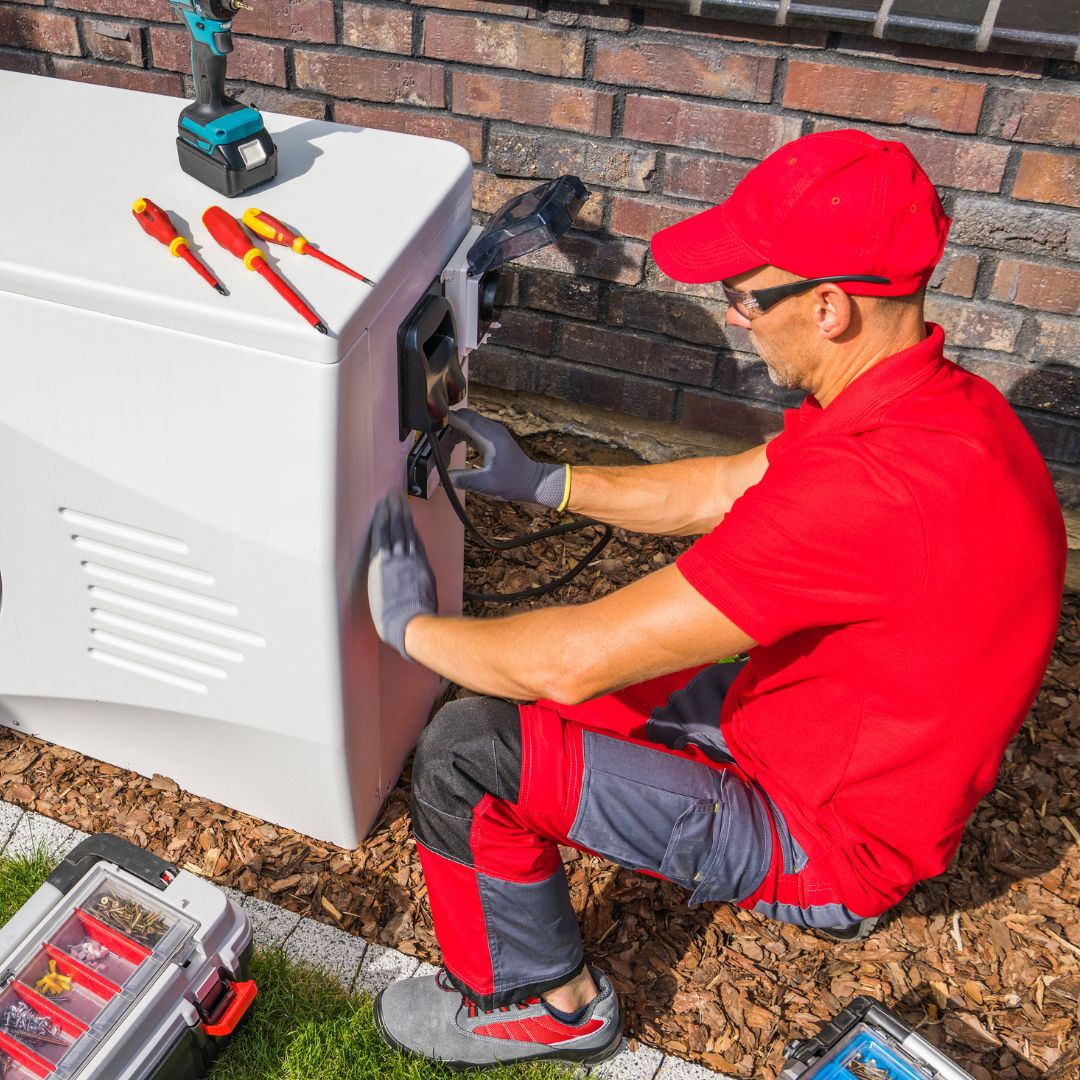 A man fixes and apartment AC Unit
