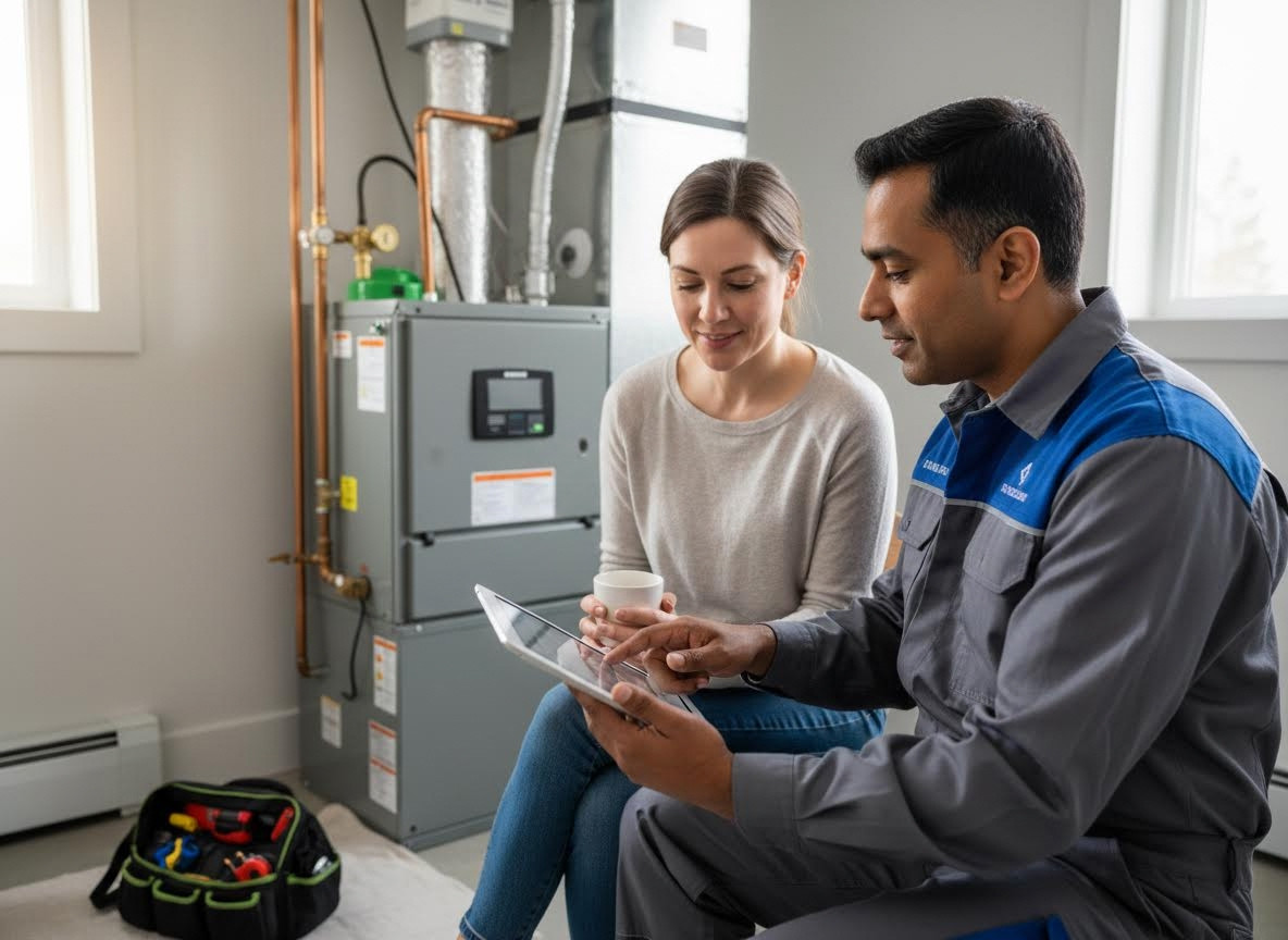 HVAC Technician Explaining Furnace Details to Customer