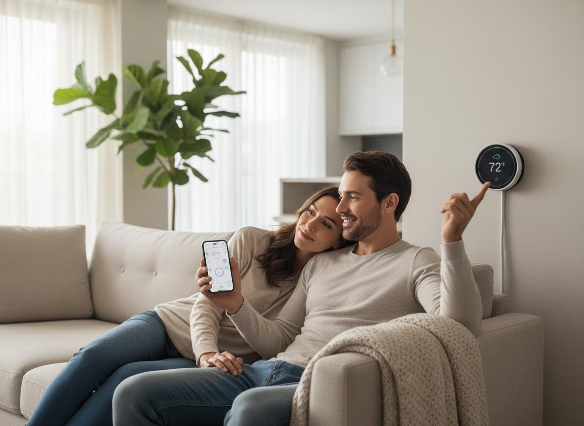 Couple relaxing on a sofa, controlling smart home thermostat with smartphone