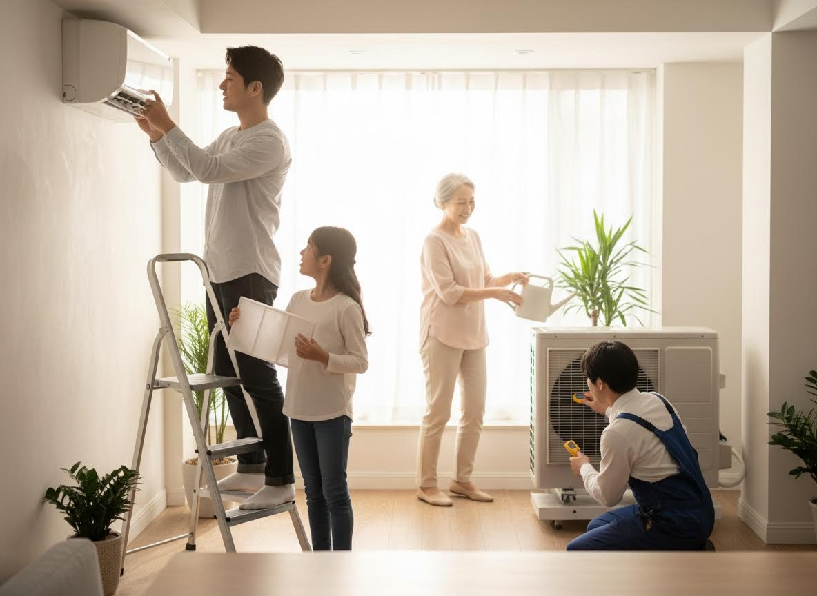 A family, including a man on a ladder, a girl, an older woman, and a technician, cleans and services air conditioning units in a bright home. Family Home Air Conditioner Maintenance