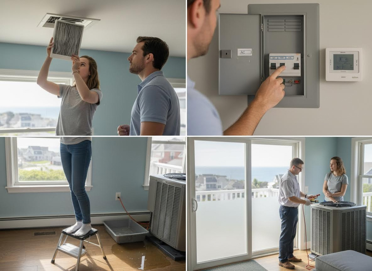 A collage showing a dirty AC filter, a water leak from an AC unit, checking a circuit breaker, and a technician repairing the unit. Homeowners troubleshooting and repairing a broken air conditioner