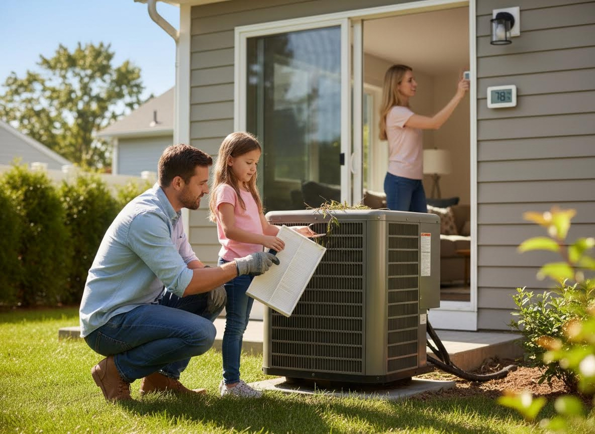 A father and daughter clean an outdoor AC unit's filter, while a woman adjusts an indoor thermostat showing 78 degrees. Family maintaining home air conditioning system