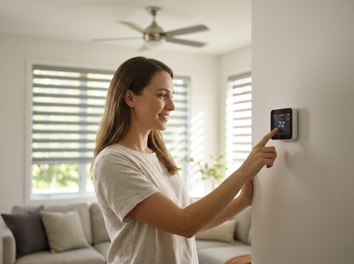 Woman Adjusting Smart Thermostat in Modern Home