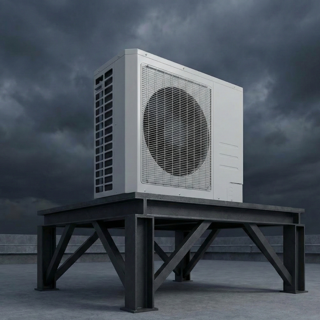HVAC unit on a reinforced, elevated platform with a dark, cloudy sky