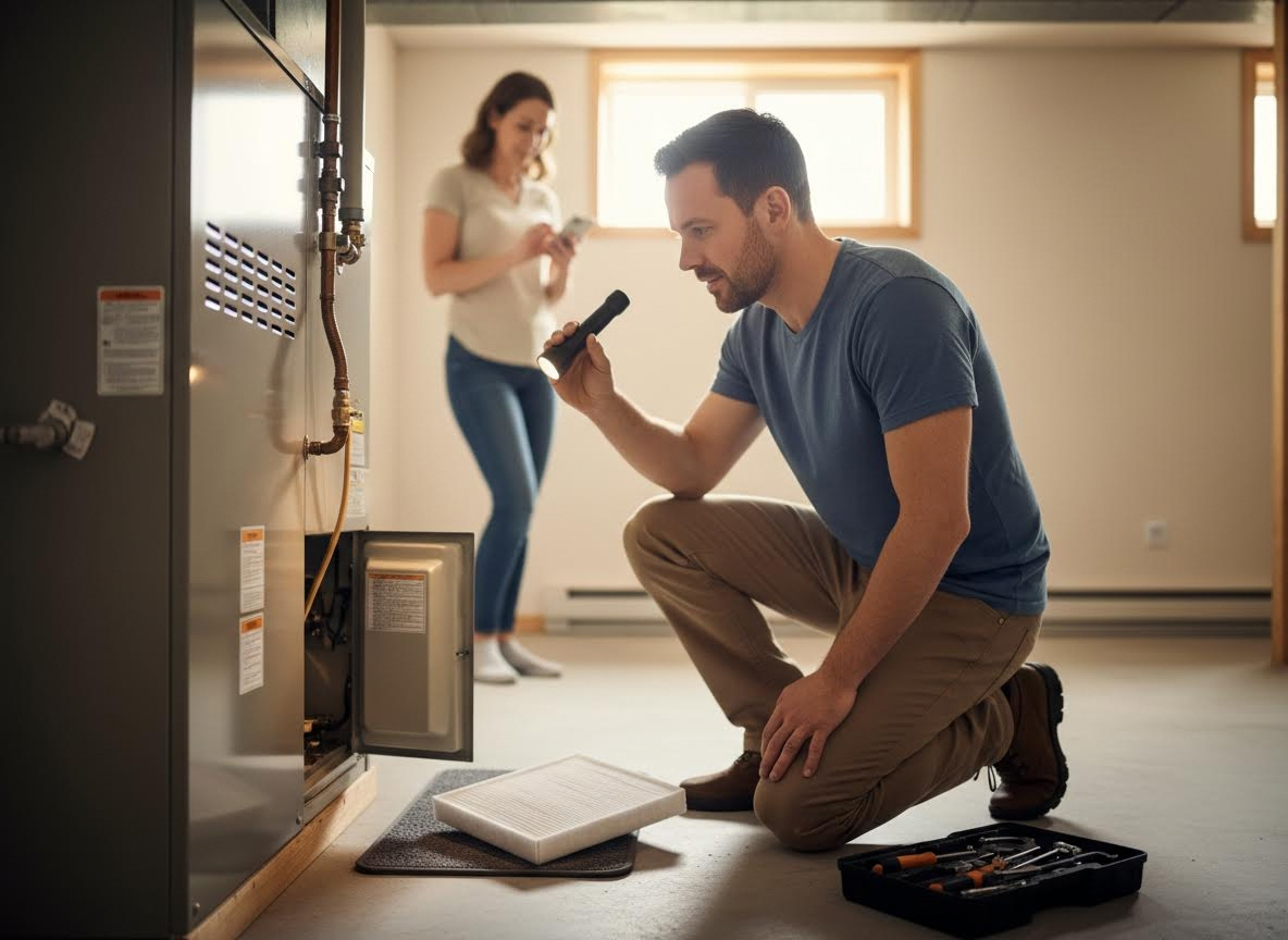 Man inspecting furnace with new air filter