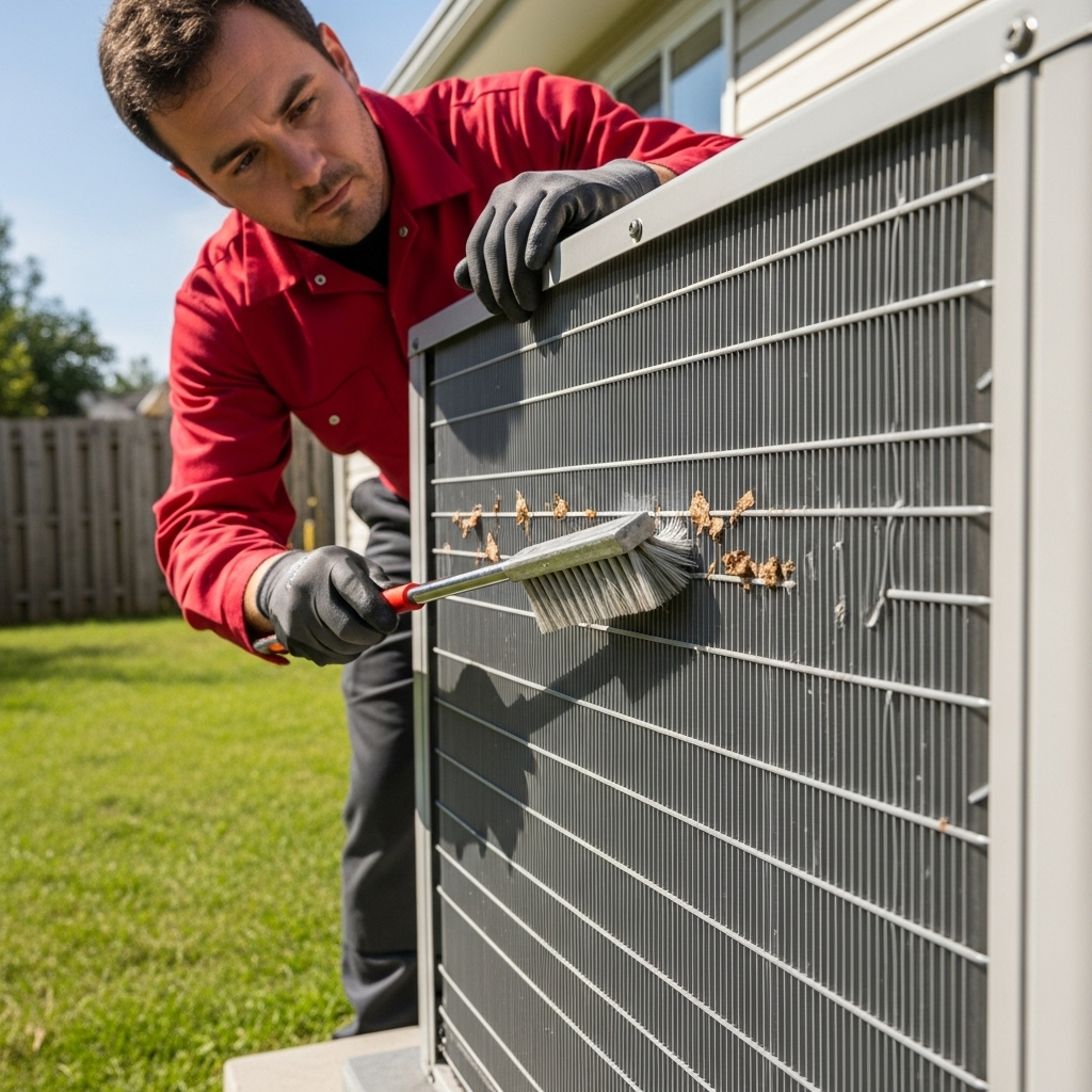 A technician wearing protective gloves carefully cleans the dirty fins of an outdoor air conditioning condenser unit using a stiff-bristled brush.