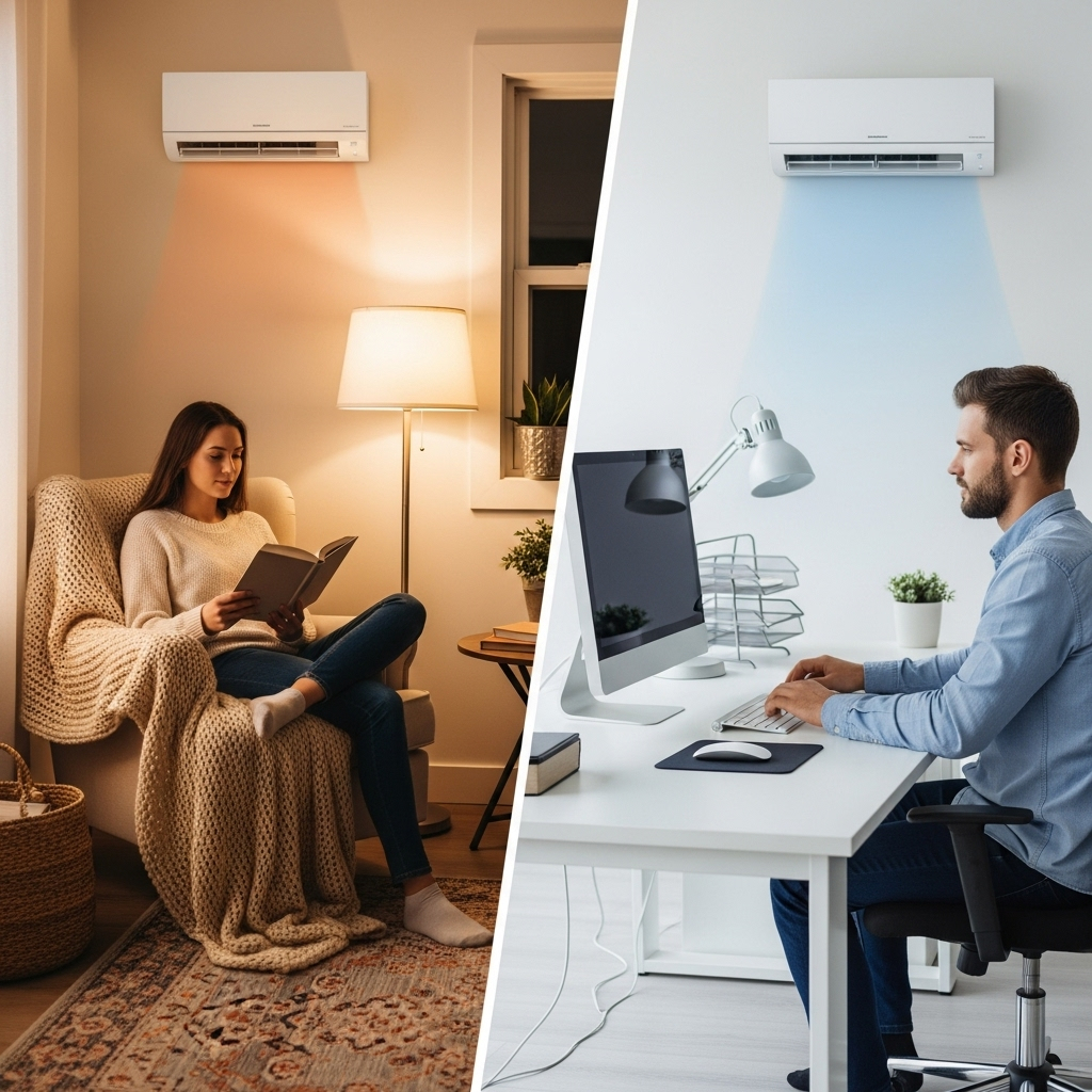 A split-screen photograph; on the left, a woman reads in a cozy, warm room with a ductless unit, and on the right, a man works in a cool home office with another ductless unit.