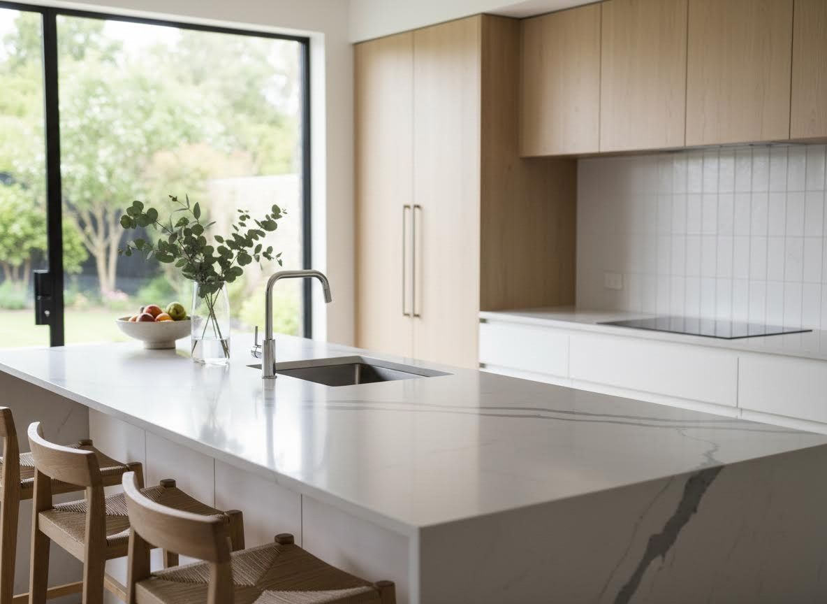 Modern Kitchen with White Marble Island and Garden View
