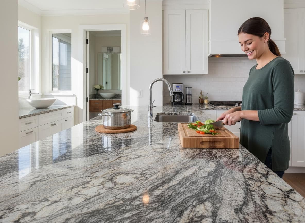 Woman chopping vegetables in a modern granite kitchen
