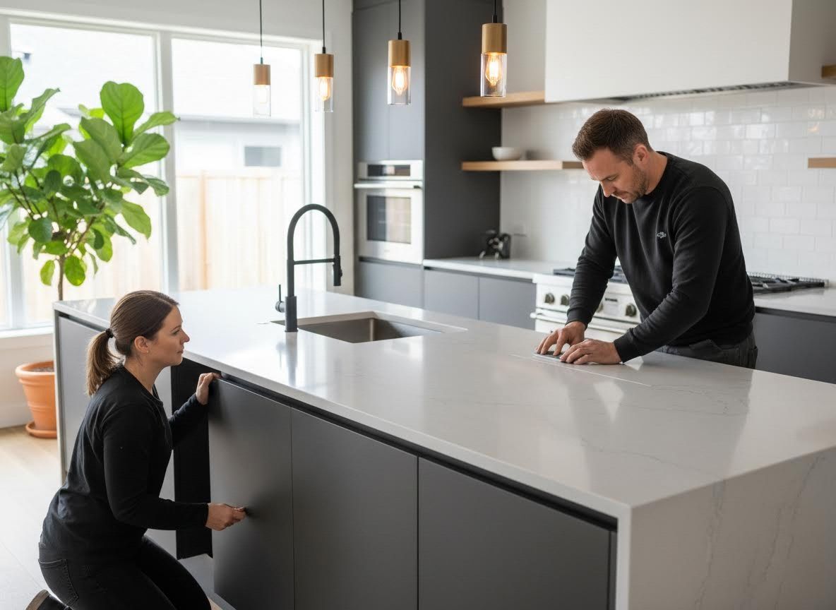 Couple Inspecting Modern Kitchen Island