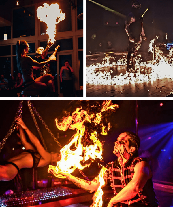 A collage of three images showcasing dramatic fire performances, including fire breathing, a performer standing in a ring of fire, and a performer holding a large flame.