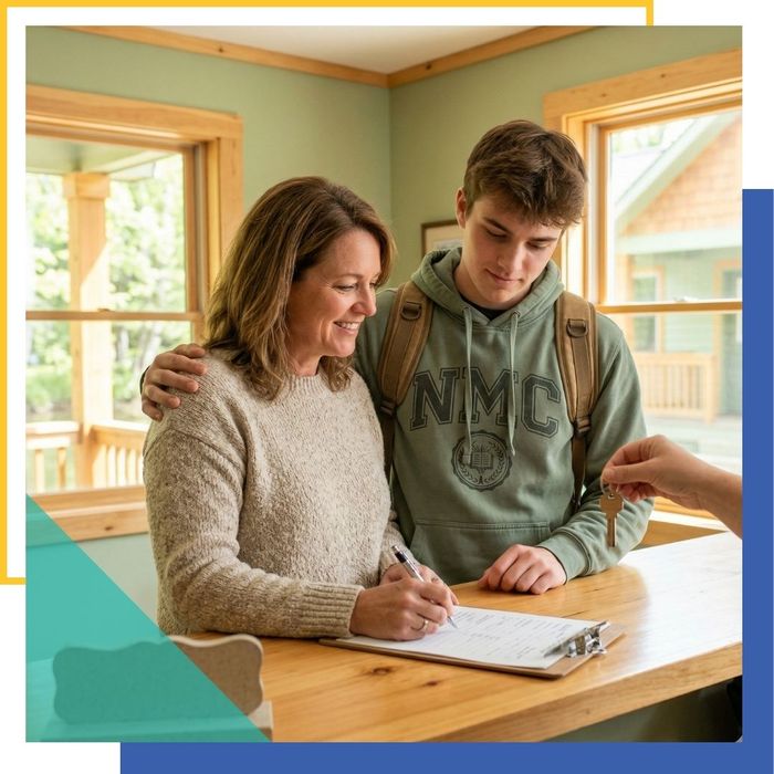 Checking in and getting a student discount at a local inn.