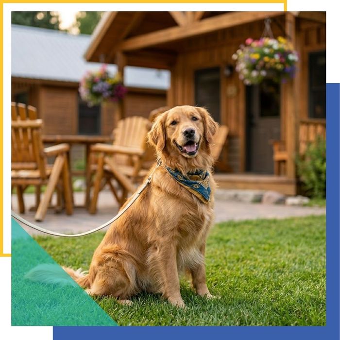 a happy Golden Retriever wearing a bandana, sitting on a lush green lawn