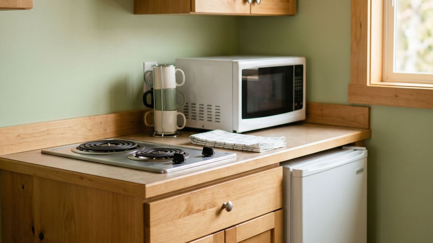 kitchenette with stove, microwave, and fridge