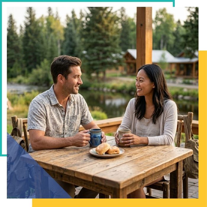 two people enjoying soft conversation on a shared outdoor patio