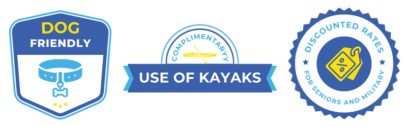 Trust badges highlighting dog friendly, complimentary use of kayaks, and discounted rates for seniors and military