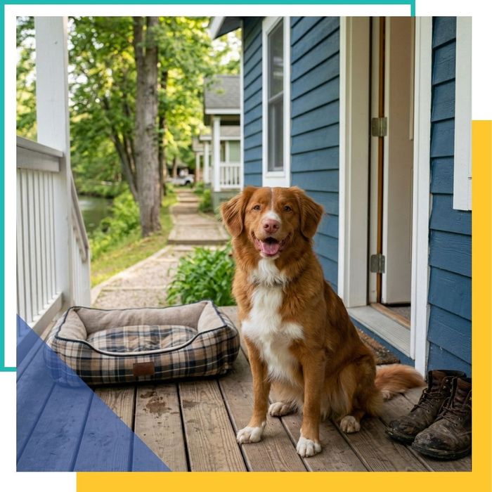 A happy dog sitting outside a pet-friendly cabin at Mitchell Creek Inn in Traverse City.