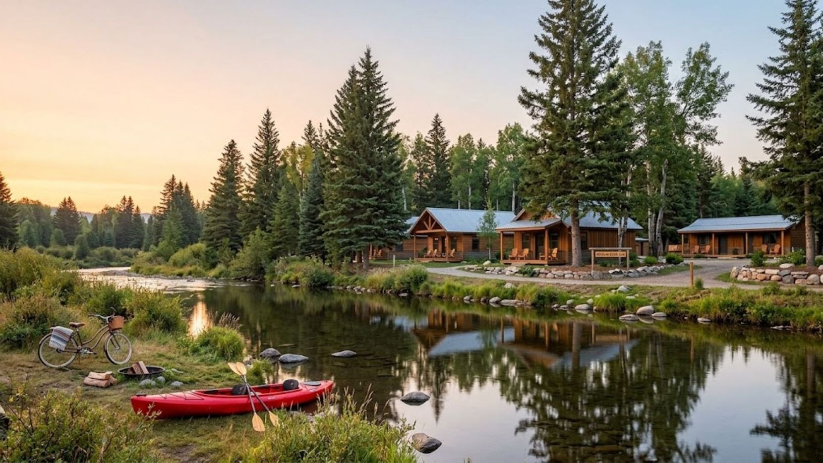 rustic-modern cabins and motel units, nestled in tall trees along the calm water of Mitchell Creek. A red kayak and a bicycle rest on the creek bank, suggesting available outdoor recreation for a peaceful retreat